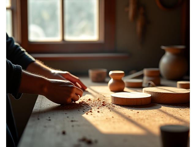 Kashiwa Hearth の工房で伝統的な木工細工を行う職人の手