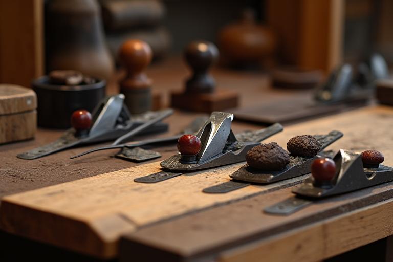 Kashiwa Hearth の工房の作業台に並べられた伝統的な木工道具、鑿と鉋