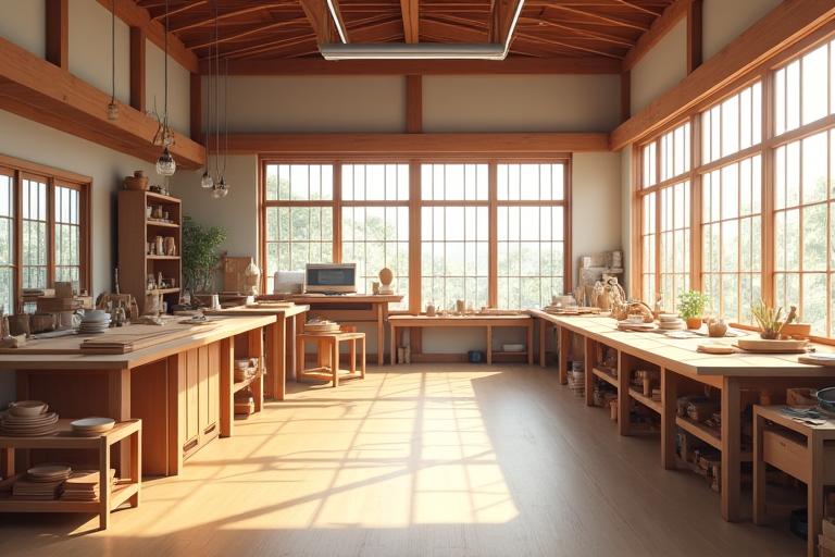 Kashiwa Hearth の伝統的な木工工房の内部、自然光が差し込む様子