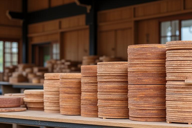 Kashiwa Hearth の工房に整然と積まれた様々な種類の木材の山