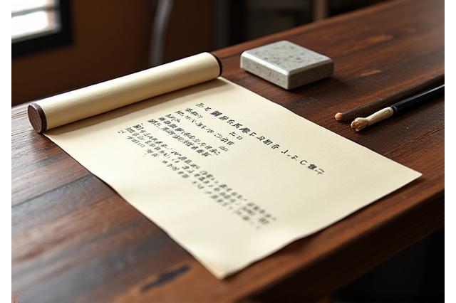 日本の法典が置かれた伝統的な木製の机の上に置かれた筆と硯。